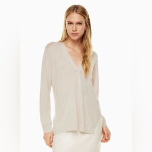 Aritzia Babaton Midcentury Linen Sweater V-Neck Long Sleeve Matte Pearl Sz Med